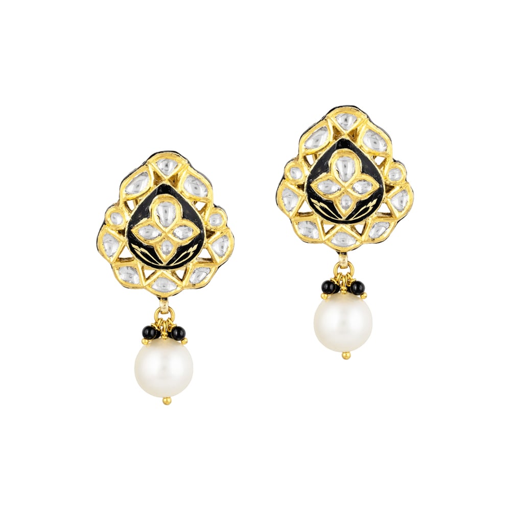 Polki Earrings with Black Enamel, Floral Motif & Pearl Drop